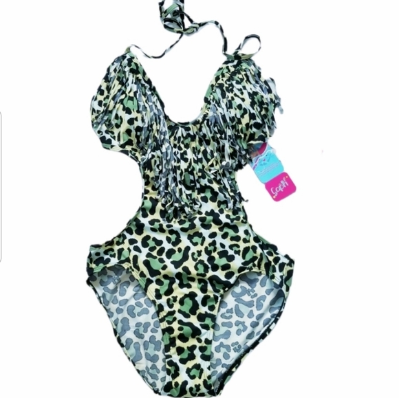 NWT Capri Swimwear Animal Print Fringe Cut Out Open Back One Piece Swims… - Picture 2 of 12